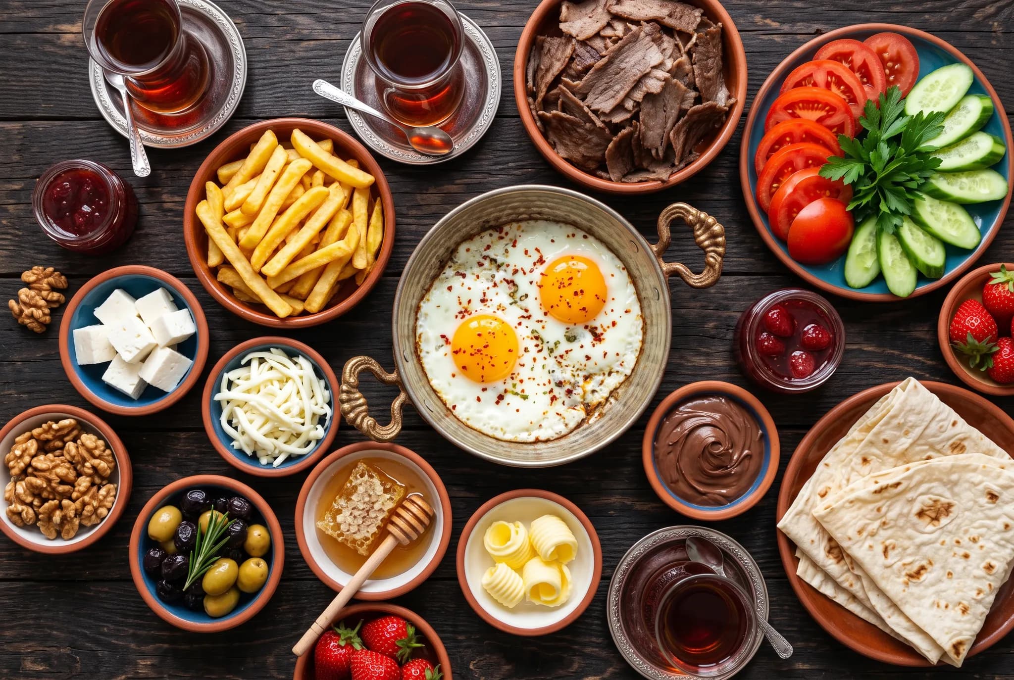 Turkish breakfast spread with eggs, doner, cheeses, olives, honey, preserves, and tea