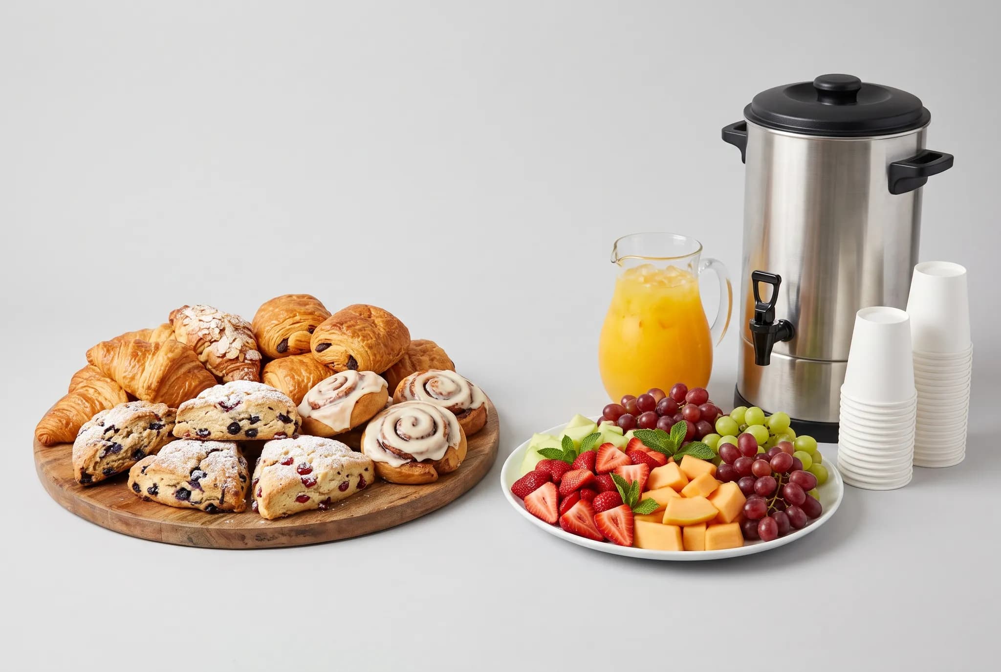 Breakfast catering set with a pastry platter, fruit, orange juice, cups, and a coffee dispenser
