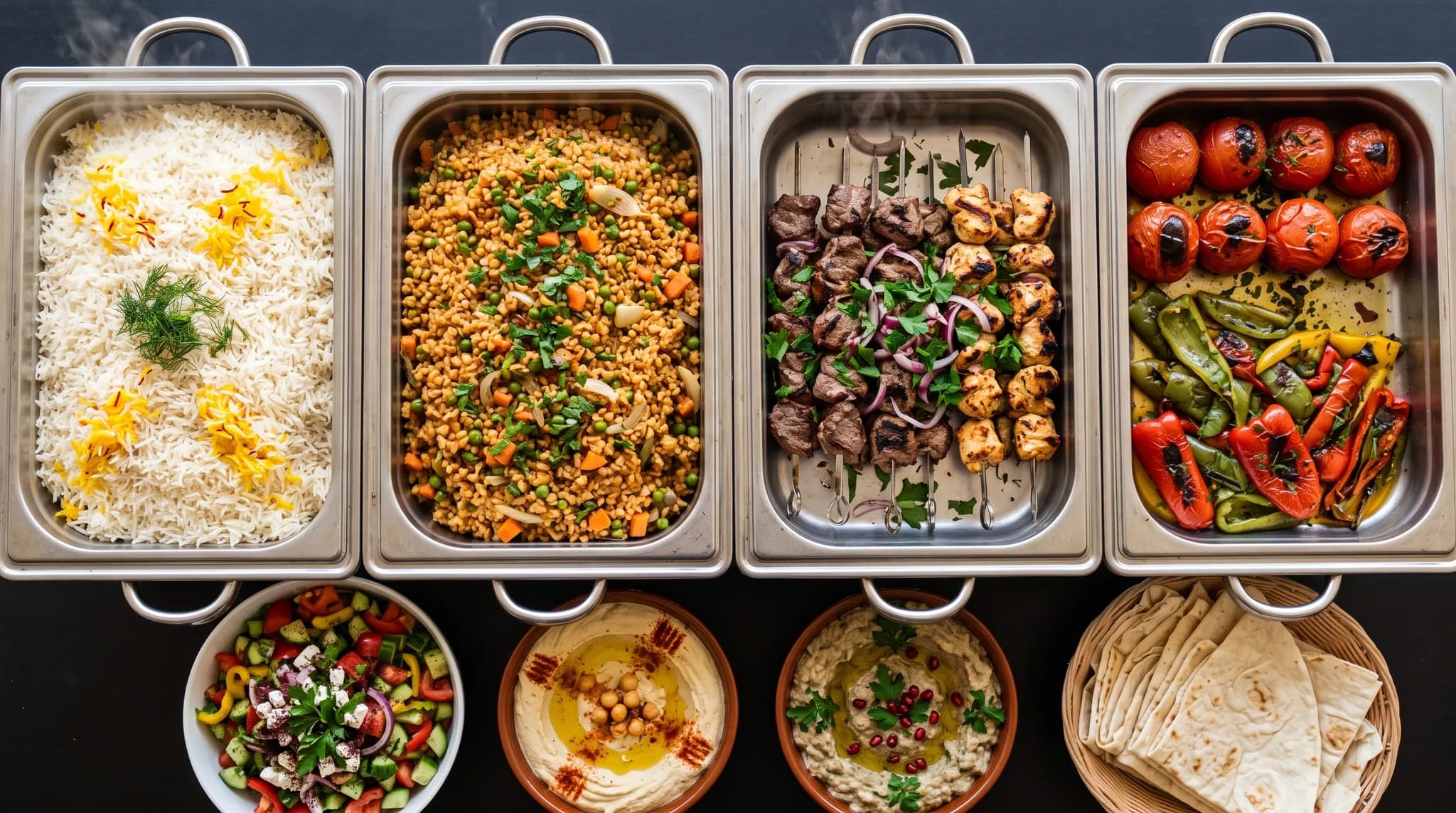 Overhead row of catering trays with rice, bulgur, skewers, grilled vegetables, salads, and mezze