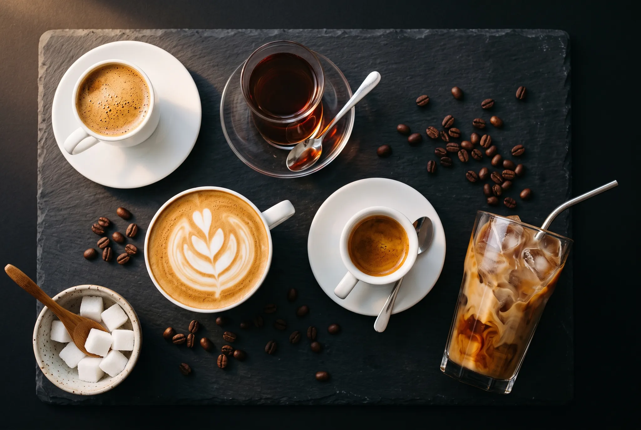 Turkish coffee, tea in a tulip glass, a cappuccino, an espresso, and an iced coffee on slate