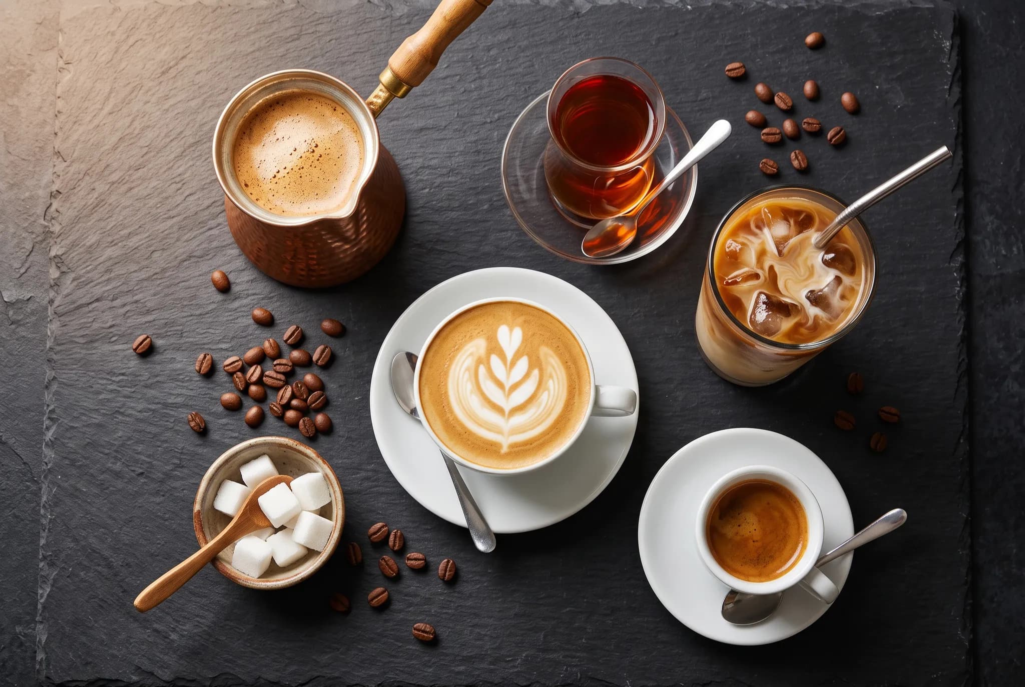 Turkish coffee in a copper cezve with tea, latte, iced coffee, and espresso