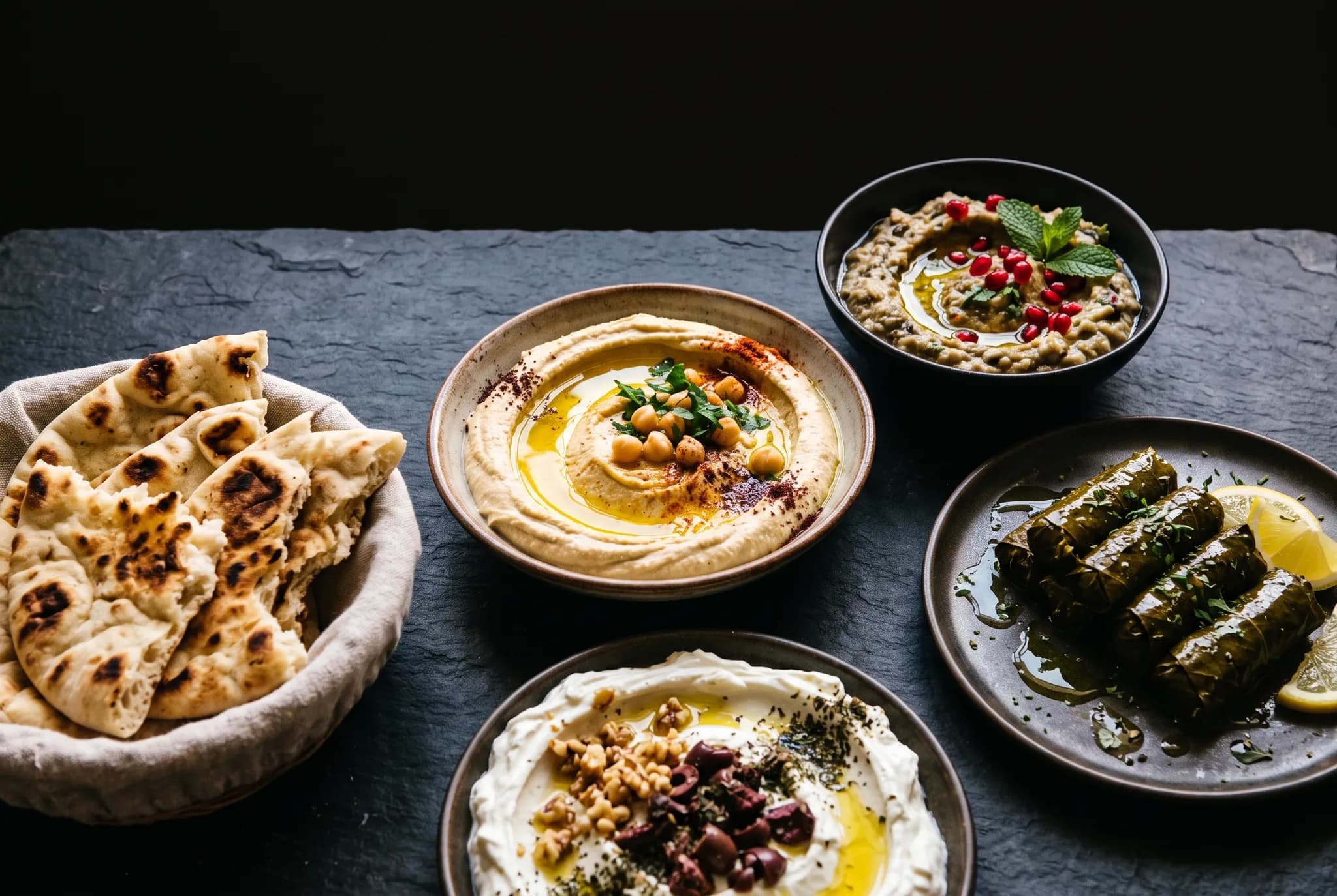 Mezze spread with hummus, baba ghanoush, grape leaves, and bread