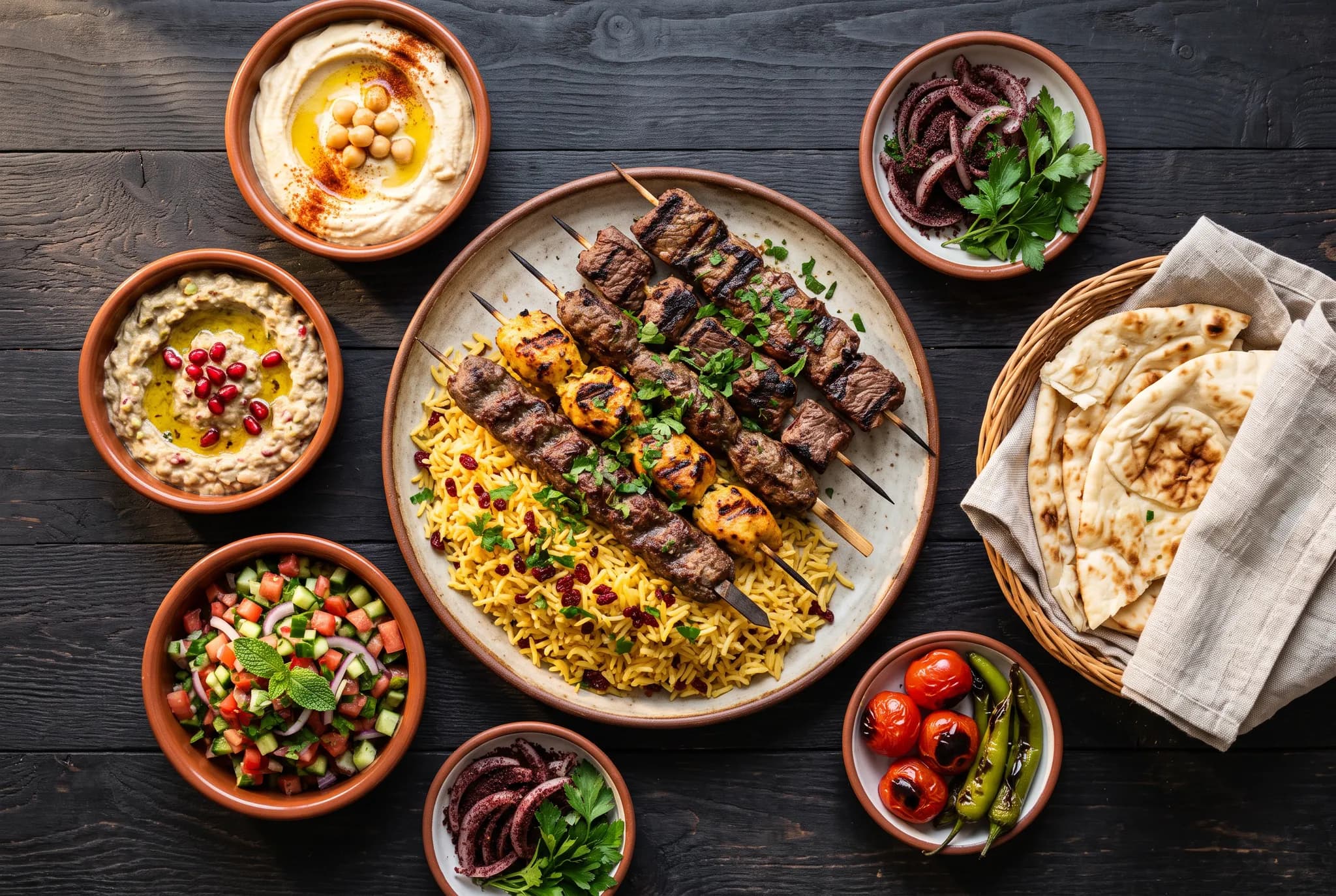 Table spread of kabab skewers over rice, mezze, and warm bread